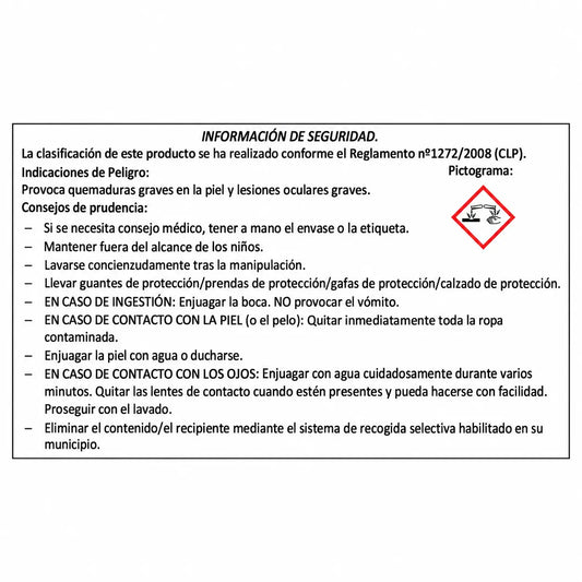 Información de seguridad de Eco-Jin con indicaciones de peligro, precauciones de uso y pictograma de corrosión.
