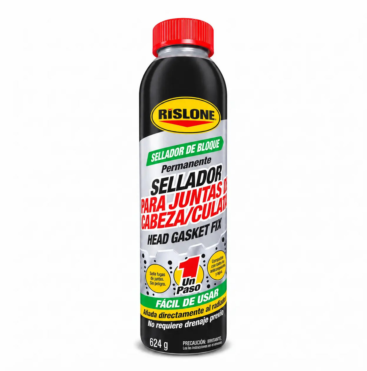 Rislone Head Gasket Fix de 624 g, sellador para juntas de culata y bloque de motor, con etiqueta en español.