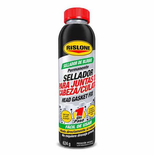 Rislone Head Gasket Fix de 624 g, sellador para juntas de culata y bloque de motor, con etiqueta en español.
